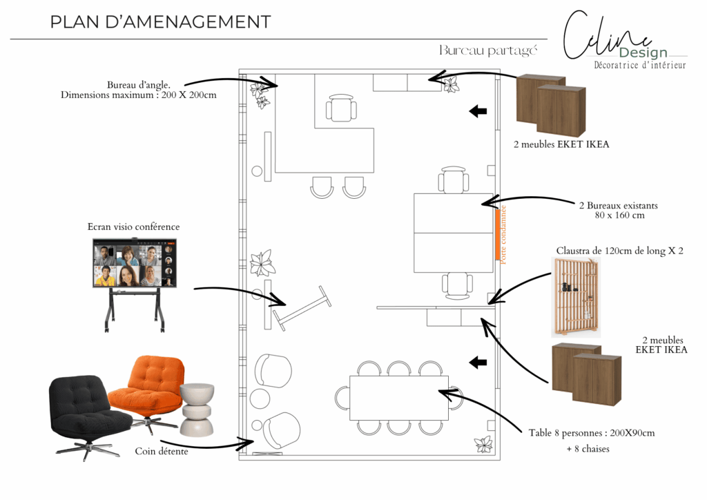 Plan d'aménagement avec sélection de mobilier et de matériaux
