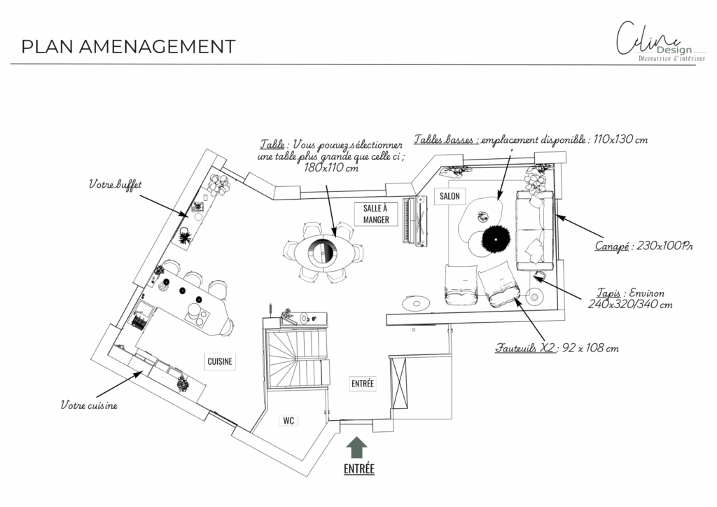 Plan d'aménagement d'une pièce de vie avec propositions de mobilier