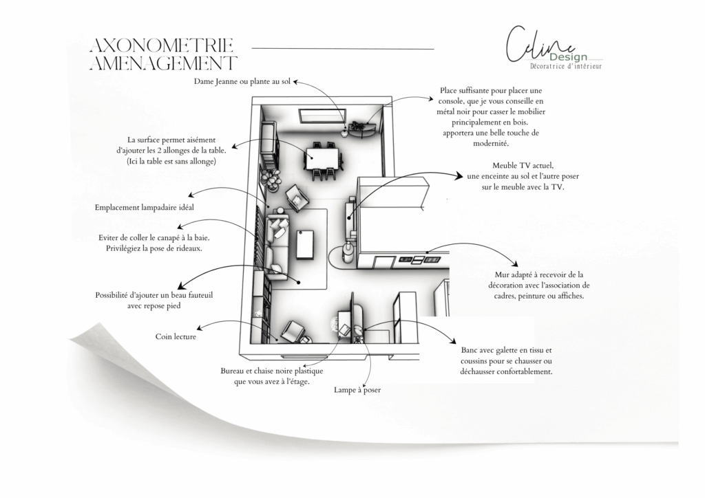 Plan d'aménagement en perspective axonométrique réalisé par Céline Design, décoratrice d'intérieur