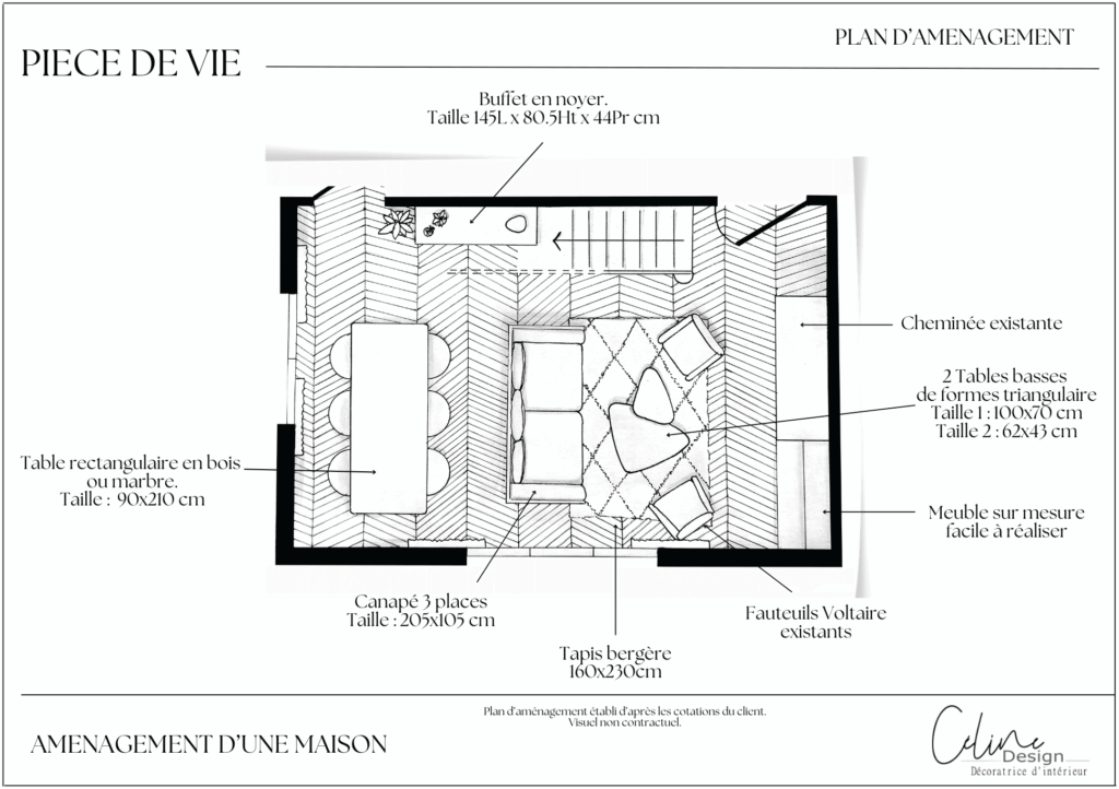 Plan d'aménagement d'une pièce de vie avec annotations