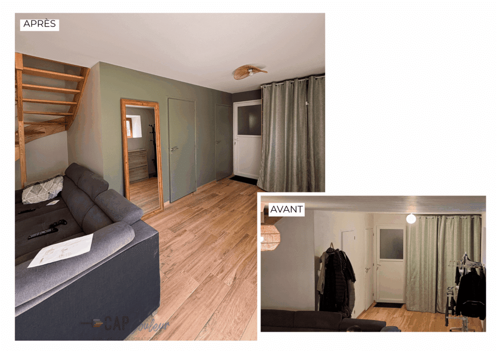 Avant / après : séjour repeint en vert sauge avec escalier en bois