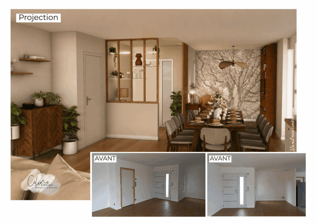 Avant / après : projection 3D d'une salle à manger avec verrière bois et papier peint arbre