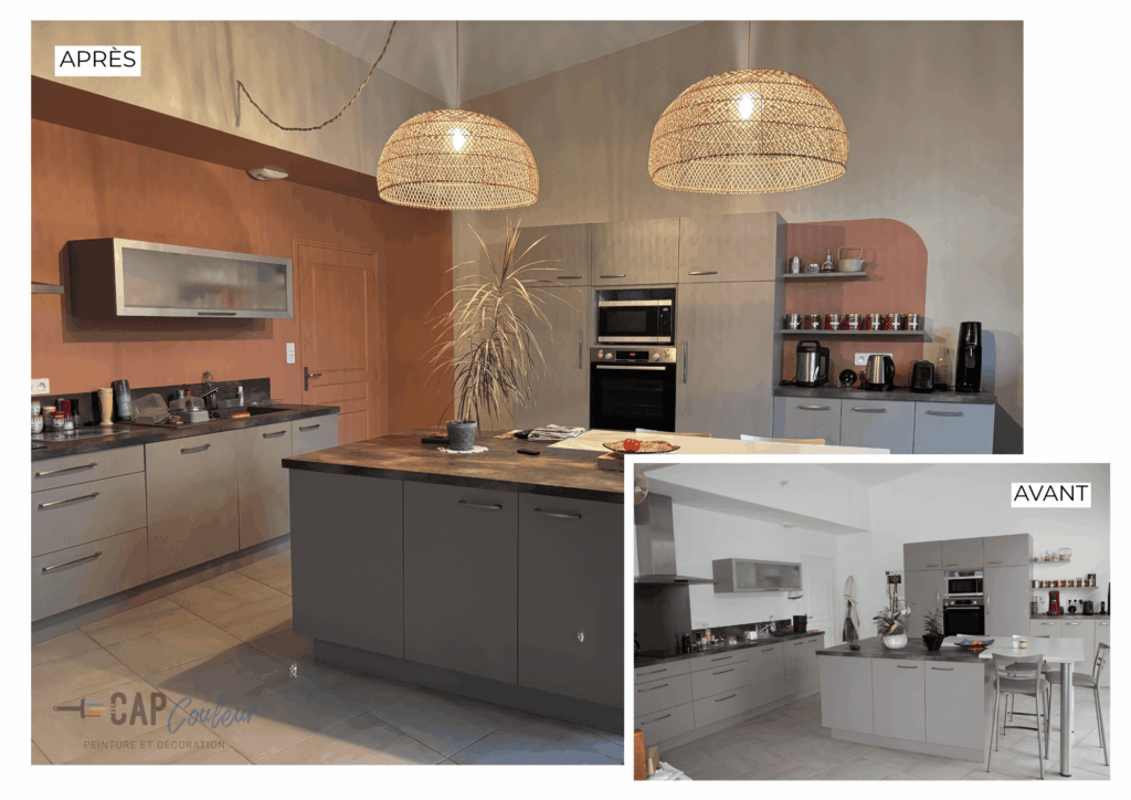 Avant / après : cuisine avec mur terracotta et suspensions en rotin