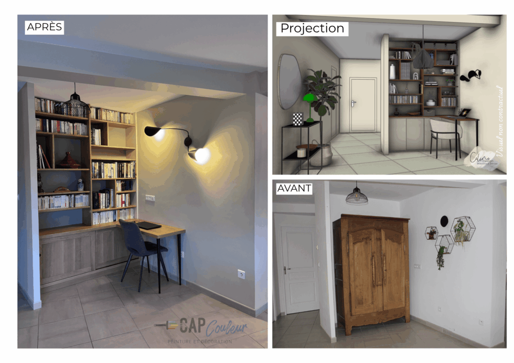 Avant / après : coin bureau avec bibliothèque sur mesure, projection 3D et réalisation