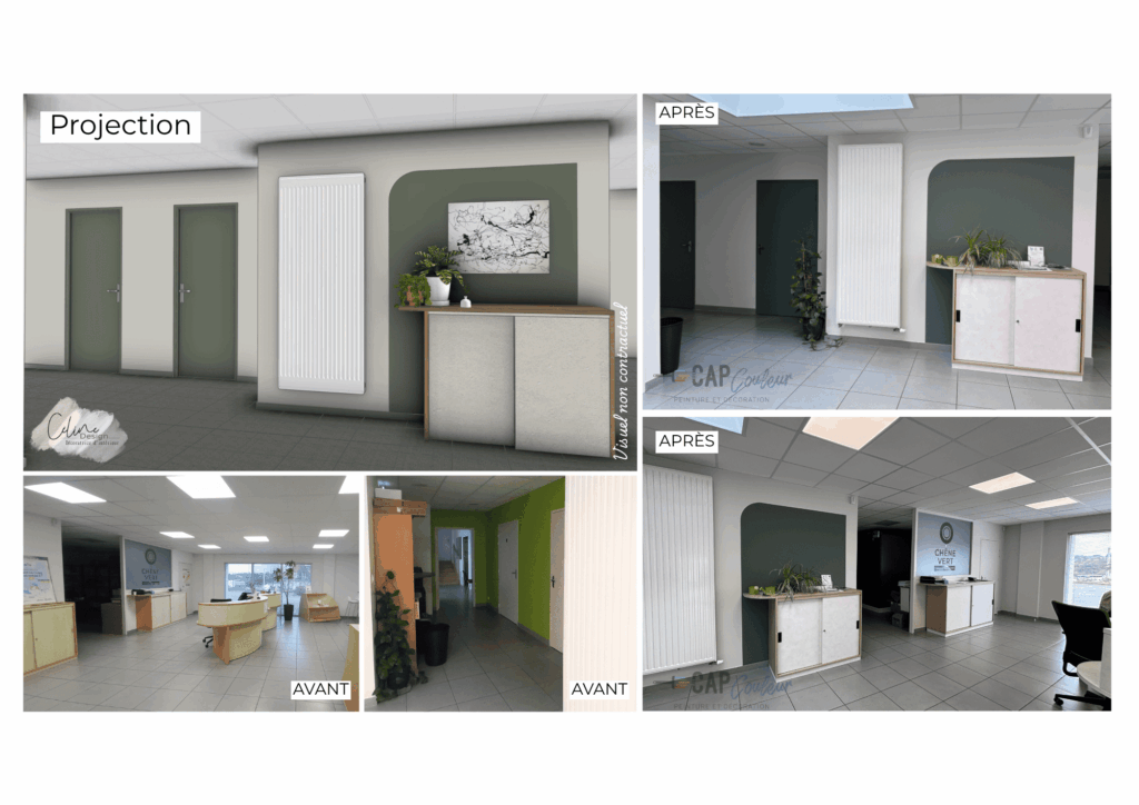 Avant / après : accueil de bureaux réaménagé, projection 3D et photos du résultat