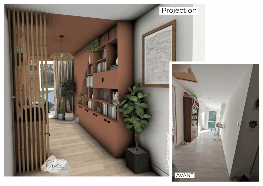 Avant / après : projection 3D d'un couloir avec claustra en bois et rangements terracotta