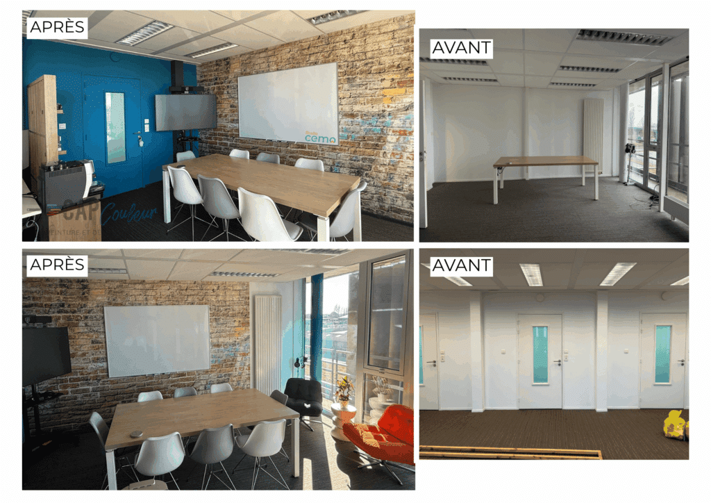 Avant / après : salle de réunion de bureaux avec mur bleu et parement briques