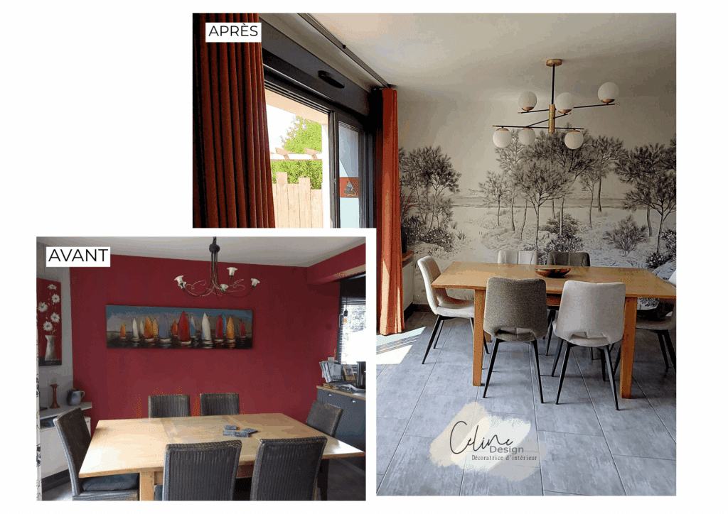 Avant / après : salle à manger avec papier peint panoramique arbres à la place d'un mur rouge