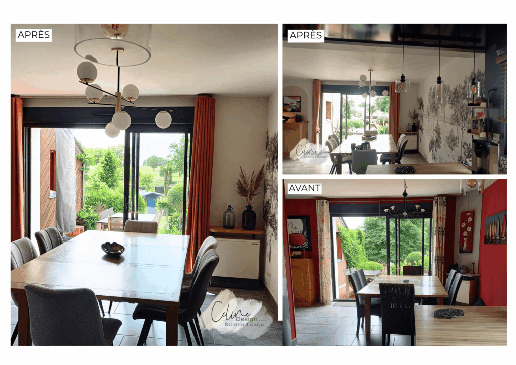 Avant / après : salle à manger rafraîchie, mur rouge remplacé par des tons clairs et papier peint