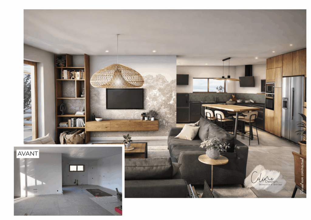 Avant / après : pièce de vie ouverte avec cuisine, projection 3D par Céline Design et photo de la pièce brute