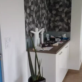 Coin kitchenette avec pan de mur en papier peint feuillage gris